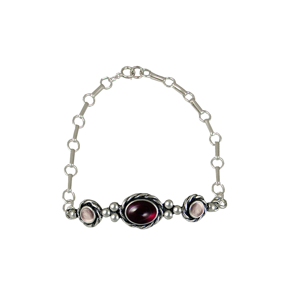 Sterling Silver Gemstone Adjustable Chain Bracelet With Garnet And Rose Quartz